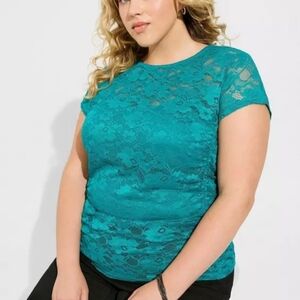 Torrid Teal Stretch Lace Crew Neck Cinch Side Top